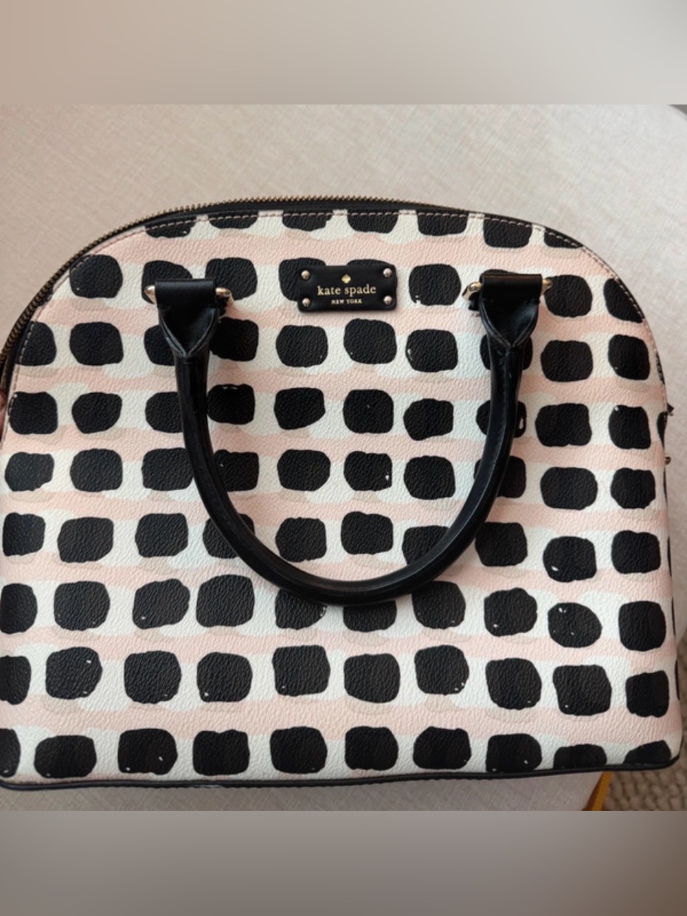 Kate Spade Pink and Black Dot Dome Satchel with Black Handles
